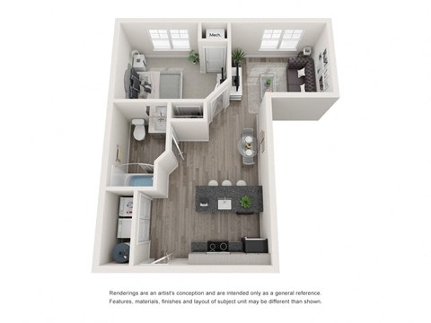 Floor plan for 1 bed, 1 bath, 600 sqft